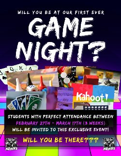 Flyer for upcoming game night. 